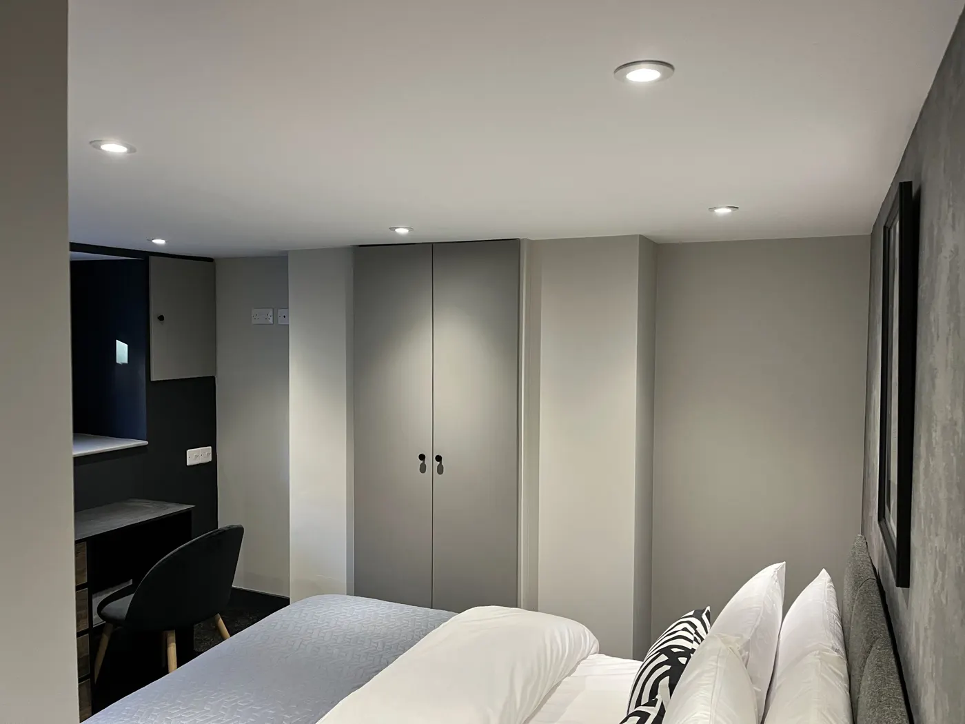 Bedroom with LED downlights after a rewire
